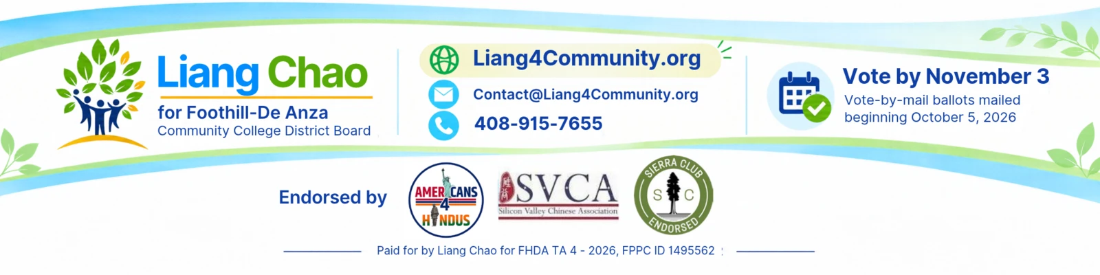 Liang Chao campaign contact information, election date, endorsements, and campaign-finance disclosure