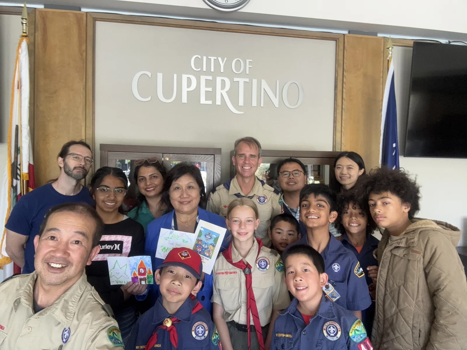 Liang Chao with local scouts and community volunteers at Cupertino City Hall