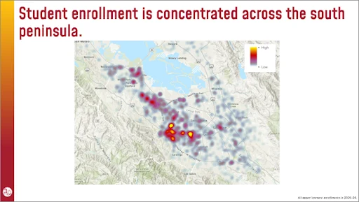 Map showing Foothill-De Anza student enrollment concentrated across the South Peninsula with students living beyond district boundaries