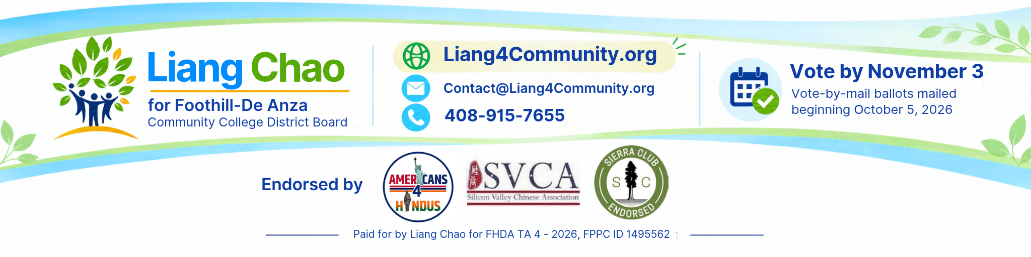 Liang Chao campaign contact information, election date, endorsements, and campaign-finance disclosure