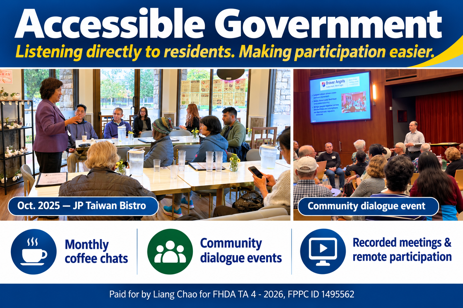 Accessible Government graphic featuring a community coffee chat and a 2025 community dialogue event