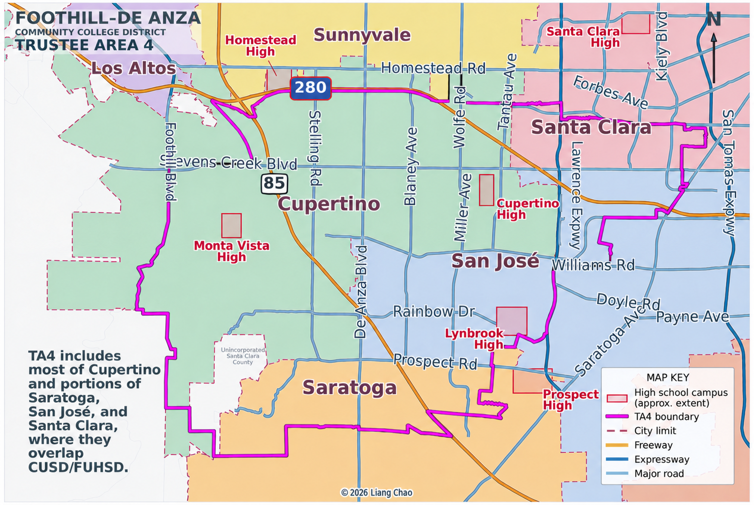 Trustee Area 4 map with city designations for Cupertino, San Jose, Santa Clara and Saratoga
