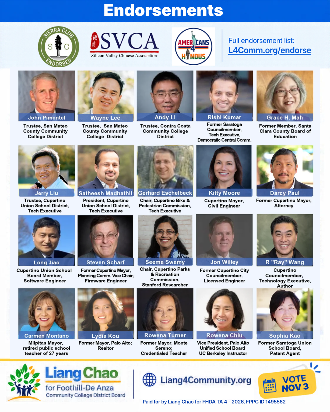 Endorsements of Liang Chao from organizations, educators, elected officials, and community leaders.